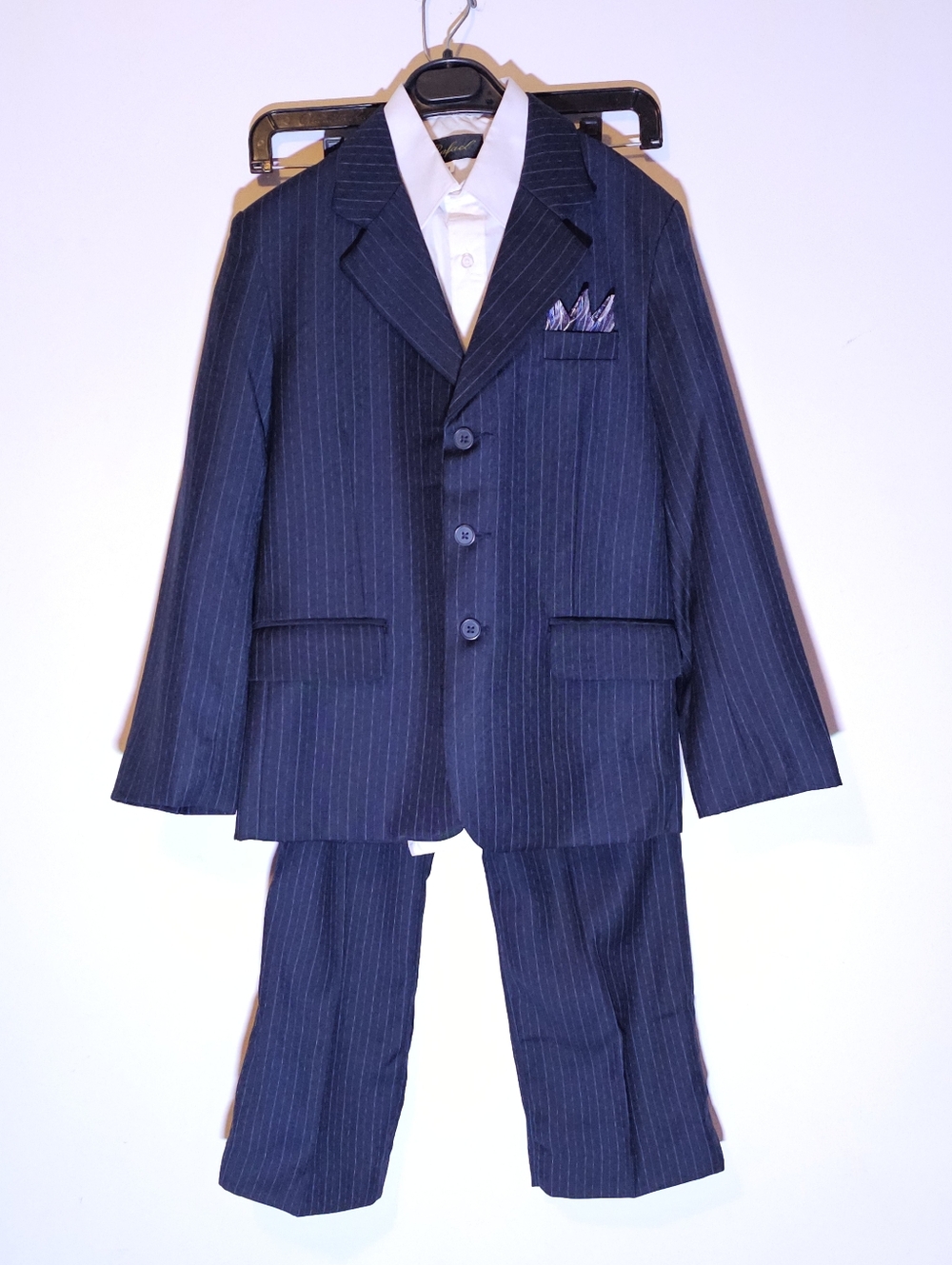 Rafael Boys 3-Piece Pinstripe Suit Set  Jacket, Vest & Shirt  Navy Formal Sz 10